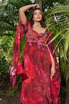 Shop_saangi by shubhangi_Multi Color Chinon Printed Floral Watercolour Flared Kurta With Pant 