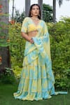 saangi by shubhangi_Yellow Georgette Printed Floral V-neck Abstract Pre-draped Saree Set _Online_at_Aza_Fashions