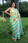 Buy_saangi by shubhangi_Yellow Satin Georgette Printed Floral Halter Stripe Pre-draped Saree Set _at_Aza_Fashions