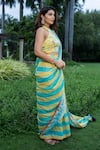 Buy_saangi by shubhangi_Yellow Satin Georgette Printed Floral Halter Stripe Pre-draped Saree Set _Online_at_Aza_Fashions