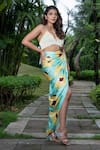 Buy_saangi by shubhangi_Yellow French Satin Print Floral Embroidered Tie Up Bustier With Draped Skirt _at_Aza_Fashions