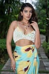 saangi by shubhangi_Yellow French Satin Print Floral Embroidered Tie Up Bustier With Draped Skirt _Online_at_Aza_Fashions