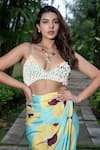 Buy_saangi by shubhangi_Yellow French Satin Print Floral Embroidered Tie Up Bustier With Draped Skirt _Online_at_Aza_Fashions