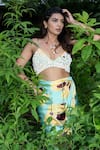 Shop_saangi by shubhangi_Yellow French Satin Print Floral Embroidered Tie Up Bustier With Draped Skirt _Online_at_Aza_Fashions