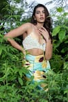 Buy_saangi by shubhangi_Yellow French Satin Print Floral Embroidered Tie Up Bustier With Draped Skirt 