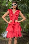 Buy_saangi by shubhangi_Pink Cotton V-neck Solid Ruffle Tiered Dress _at_Aza_Fashions