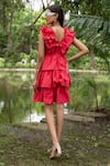 Shop_saangi by shubhangi_Pink Cotton V-neck Solid Ruffle Tiered Dress _at_Aza_Fashions