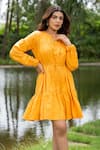 saangi by shubhangi_Yellow Pure Cotton Round Solid Gathered Dress _at_Aza_Fashions