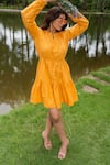 Shop_saangi by shubhangi_Yellow Pure Cotton Round Solid Gathered Dress 