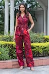 Buy_saangi by shubhangi_Wine Cotton Slub Print Floral Lapel Collar Overlap Waistcoat With Pant _at_Aza_Fashions