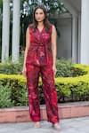 Shop_saangi by shubhangi_Wine Cotton Slub Print Floral Lapel Collar Overlap Waistcoat With Pant _at_Aza_Fashions