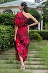 Shop_saangi by shubhangi_Wine Chinon Print Floral One Shoulder Ruched Drawstring Dress _at_Aza_Fashions