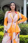 saangi by shubhangi_Multi Color Cotton Slub Hand Paint Abstract Overlap Blazer With Flared Pant _at_Aza_Fashions