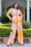 Shop_saangi by shubhangi_Multi Color Cotton Slub Hand Paint Abstract Overlap Blazer With Flared Pant 