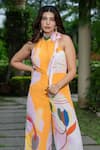 Shop_saangi by shubhangi_Multi Color French Crepe Hand Paint Abstract Collar Tie Up Jumpsuit 