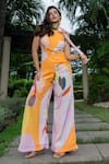 saangi by shubhangi_Multi Color French Crepe Hand Paint Abstract Collar Tie Up Jumpsuit _Online