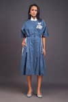 Buy_Deepika Arora_Blue 100% Cotton Solid Patchwork High Neck Cat Pleated Shirt Dress _at_Aza_Fashions