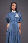 Deepika Arora_Blue 100% Cotton Solid Patchwork High Neck Cat Pleated Shirt Dress _Online_at_Aza_Fashions