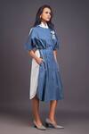 Buy_Deepika Arora_Blue 100% Cotton Solid Patchwork High Neck Cat Pleated Shirt Dress _Online_at_Aza_Fashions