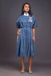 Buy_Deepika Arora_Blue 100% Cotton Solid Patchwork High Neck Cat Pleated Shirt Dress 