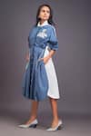 Shop_Deepika Arora_Blue 100% Cotton Solid Patchwork High Neck Cat Pleated Shirt Dress 