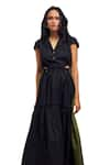 Shop_Deepika Arora_Black 100% Cotton Colour Blocked Notched Lapel Tiered Long Dress _Online_at_Aza_Fashions