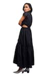 Buy_Deepika Arora_Black 100% Cotton Embellished Charms Notched Lapel Solid Tiered Long Dress _Online_at_Aza_Fashions