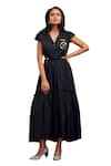 Deepika Arora_Black 100% Cotton Embellished Charms Notched Lapel Solid Tiered Long Dress _at_Aza_Fashions