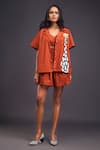 Shop_Deepika Arora_Orange 100% Cotton Solid Patchwork Notched Lapel Giraffe Shirt With Shorts Set 