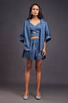 Buy_Deepika Arora_Blue 100% Cotton Solid Patchwork High Neck Deer Oversized Shirt With Shorts Set _at_Aza_Fashions