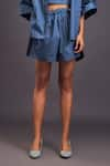 Deepika Arora_Blue 100% Cotton Solid Patchwork High Neck Deer Oversized Shirt With Shorts Set _Online_at_Aza_Fashions