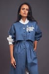 Deepika Arora_Blue 100% Cotton Badge Mandarin Collar Detailed Jumpsuit _Online_at_Aza_Fashions