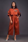 Buy_Deepika Arora_Orange 100% Cotton Badge Mandarin Collar Color Block Jumpsuit _at_Aza_Fashions