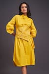 Deepika Arora_Yellow 100% Cotton Applique Flower Band Collar Midi Dress With Corset Belt _Online_at_Aza_Fashions