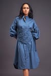 Deepika Arora_Blue 100% Cotton Applique Flower Band Collar Midi Shirt Dress With Corset Belt _Online_at_Aza_Fashions