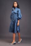 Buy_Deepika Arora_Blue 100% Cotton Applique Flower Band Collar Midi Shirt Dress With Corset Belt 