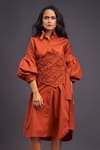 Buy_Deepika Arora_Orange 100% Cotton Applique Flower Band Shirt Dress With Detailed Corset Belt _Online_at_Aza_Fashions