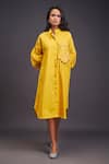 Buy_Deepika Arora_Yellow 100% Cotton Embroidered Flower Band Collar Midi Shirt Dress _at_Aza_Fashions