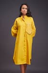 Deepika Arora_Yellow 100% Cotton Embroidered Flower Band Collar Midi Shirt Dress _Online_at_Aza_Fashions