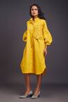 Buy_Deepika Arora_Yellow 100% Cotton Embroidered Flower Band Collar Midi Shirt Dress _Online_at_Aza_Fashions