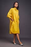 Buy_Deepika Arora_Yellow 100% Cotton Embroidered Flower Band Collar Midi Shirt Dress 