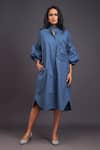 Buy_Deepika Arora_Blue 100% Cotton Embroidered Flower Band Collar Midi Oversized Shirt Dress _at_Aza_Fashions