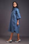 Buy_Deepika Arora_Blue 100% Cotton Embroidered Flower Band Collar Midi Oversized Shirt Dress _Online_at_Aza_Fashions