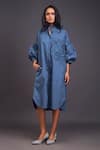 Shop_Deepika Arora_Blue 100% Cotton Embroidered Flower Band Collar Midi Oversized Shirt Dress _Online_at_Aza_Fashions