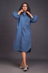 Buy_Deepika Arora_Blue 100% Cotton Embroidered Flower Band Collar Midi Oversized Shirt Dress 