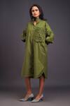 Buy_Deepika Arora_Green 100% Cotton Embroidered Flower Band Collar Pocket Shirt Dress 