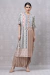 Niki Mahajan_Beige Crepe Printed Vintage Floral Round Beaded Kurta With Draped Pant _Online_at_Aza_Fashions