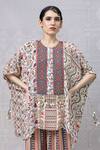 Niki Mahajan_Beige Crepe Printed Vintage Floral Round Beads Embroidered Short Kurta With Pant _at_Aza_Fashions