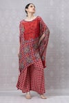 Niki Mahajan_Red Crepe Hand Block Printed Vintage Floral Boat Top With Pant _at_Aza_Fashions