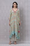 Niki Mahajan_Blue Crepe Handblock Printed Vintage Floral Plunge-v Paisley Kurta With Pant _Online_at_Aza_Fashions